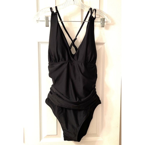 NEW All Sure Women One Piece Bathing Suit Black Size XXL Open Back Ruched Tummy - Picture 4 of 14